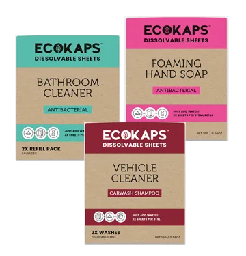 Sheet pack ECOKAPS dissolvable cleaning and hand soap products